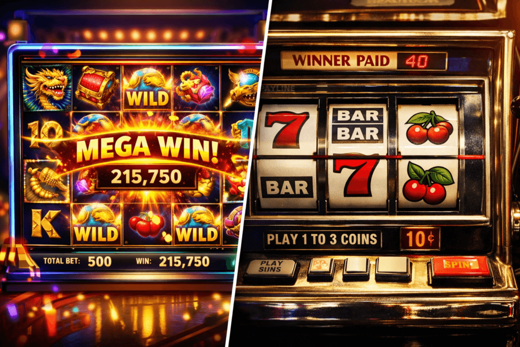 modern slot game compared to classic three reel slot machine to demonstrate new slots vs classic slots