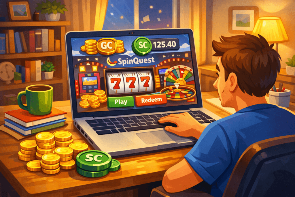 SpinQuest facts vs fiction shown on a laptop with Gold Coins and Sweeps Coins.