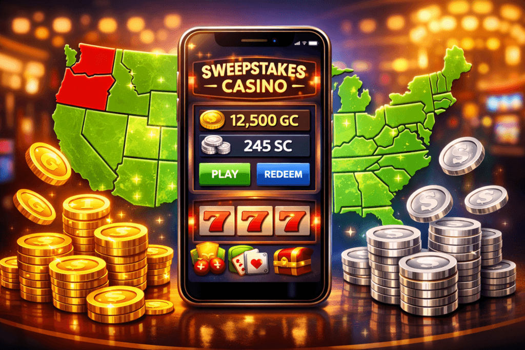 Sweepstakes casinos popularity in 2026 shown through mobile casino app with gold coins and U.S. availability map.