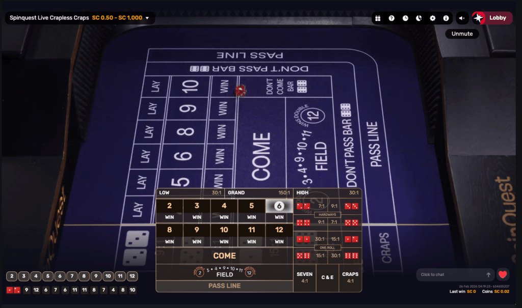 A screenshot Of Crapless Craps on Spinquest