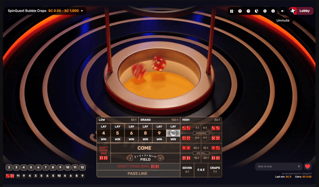 A screenshot of Bubble Craps on SpinQuest