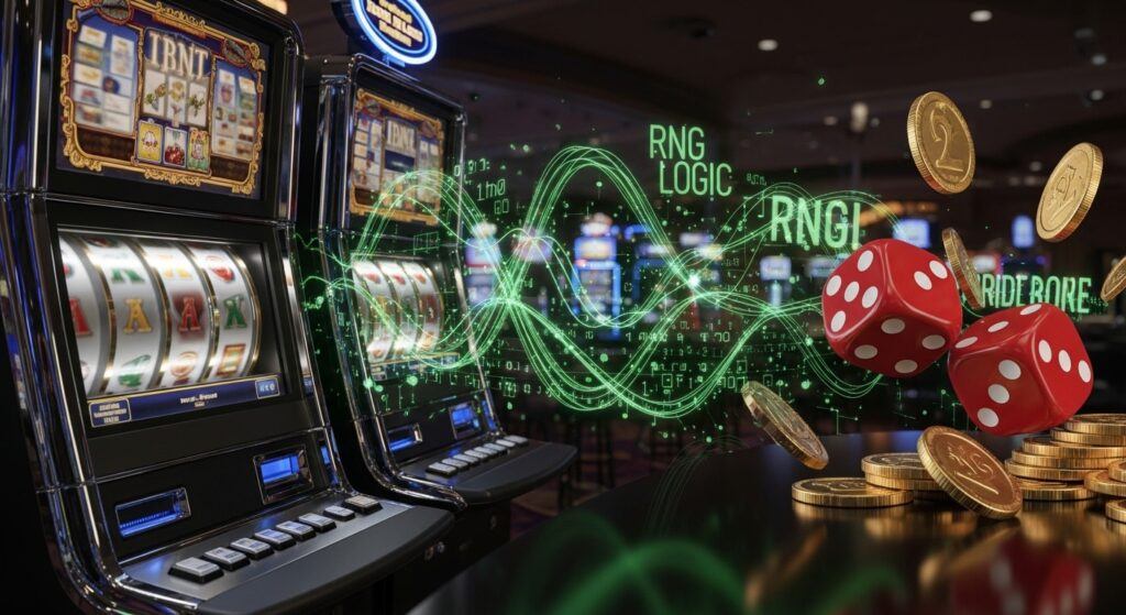 Visual comparison of slot machine RNG with dice and coin flips showing randomness in slot machine myths article