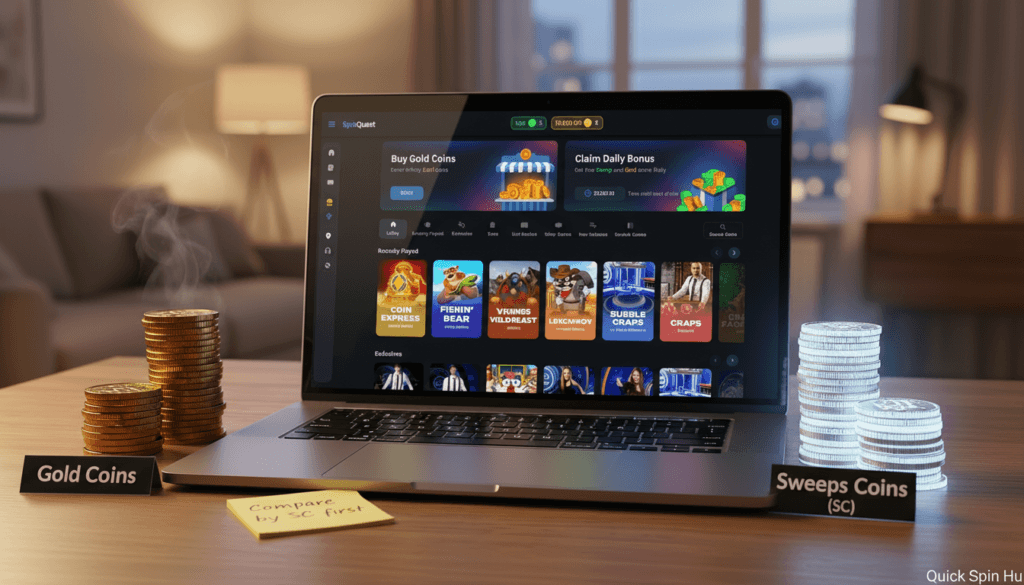SpinQuest bonus guide visual showing Gold Coins vs Sweeps Coins with a promo card on a laptop.