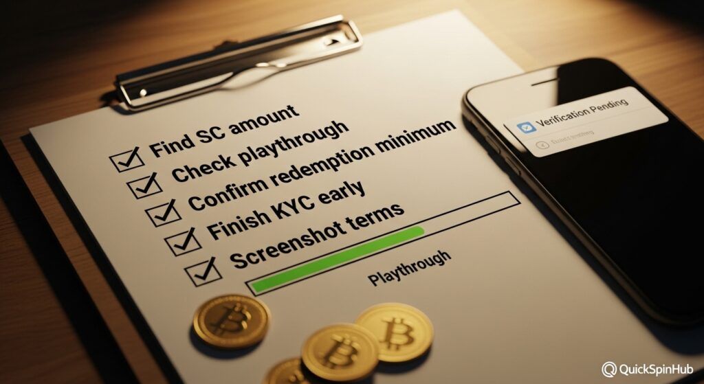 SpinQuest bonus guide checklist for comparing promos, playthrough, redemption minimums, and KYC.