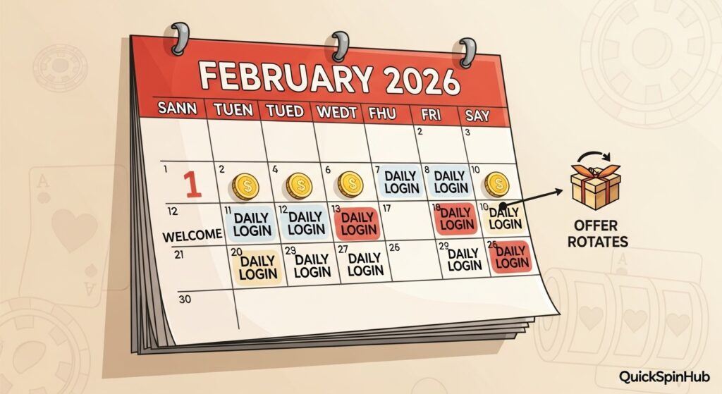 SpinQuest bonus guide calendar graphic showing daily login rewards and rotating promotions in February 2026.