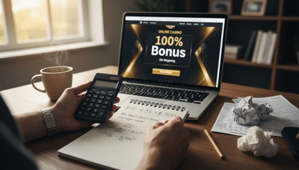 Person calculating casino bonus wagering requirements on a notepad next to a laptop