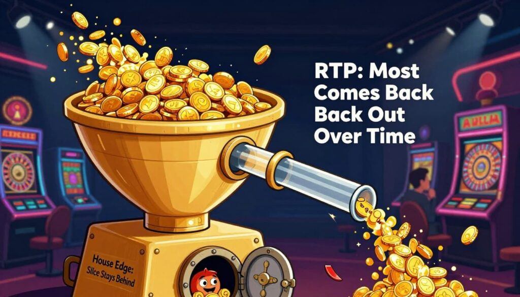 An illustrated way to picture RTP: most of what goes in comes back out over time, and a small slice stays behind as the house edge (created with AI).