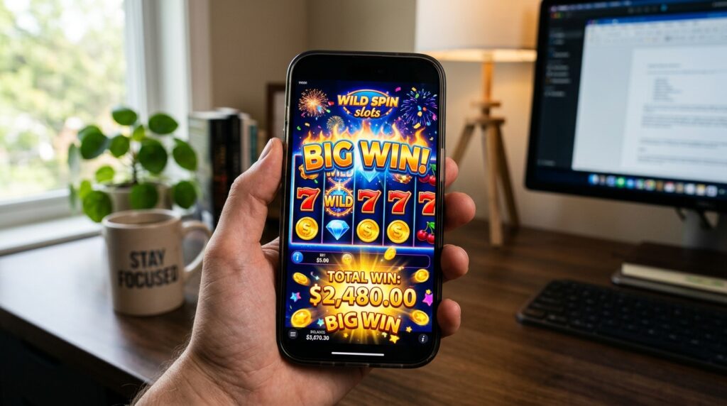 Person playing social gaming titles on a mobile phone via SpinQuest.