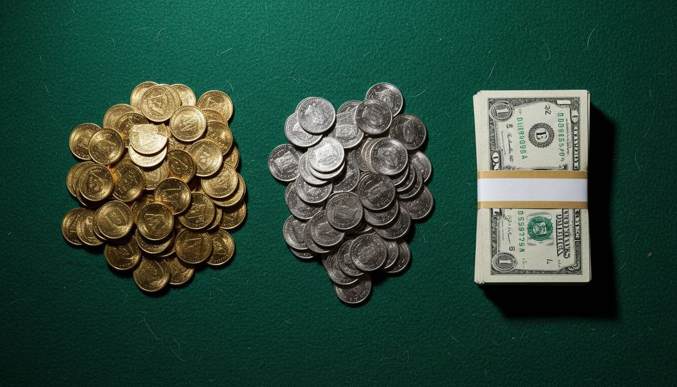 Split composition on a green felt casino table: left pile of shiny golden coins, center pile of silver coins, right stack of crisp US dollar bills. Photorealistic overhead view with high texture detail, shadows separating the three piles.