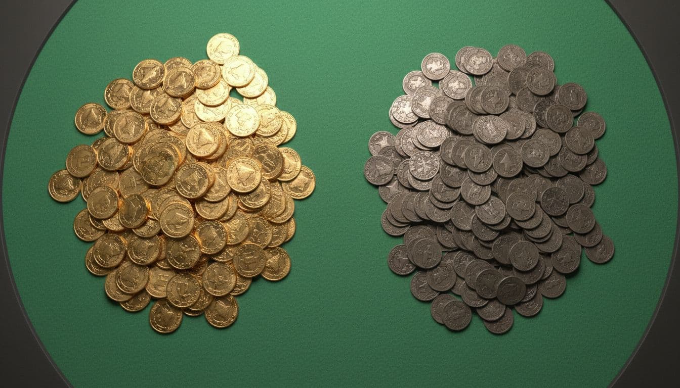 Green casino table with gold coin pile on left and silver coin pile on right, top-down view.