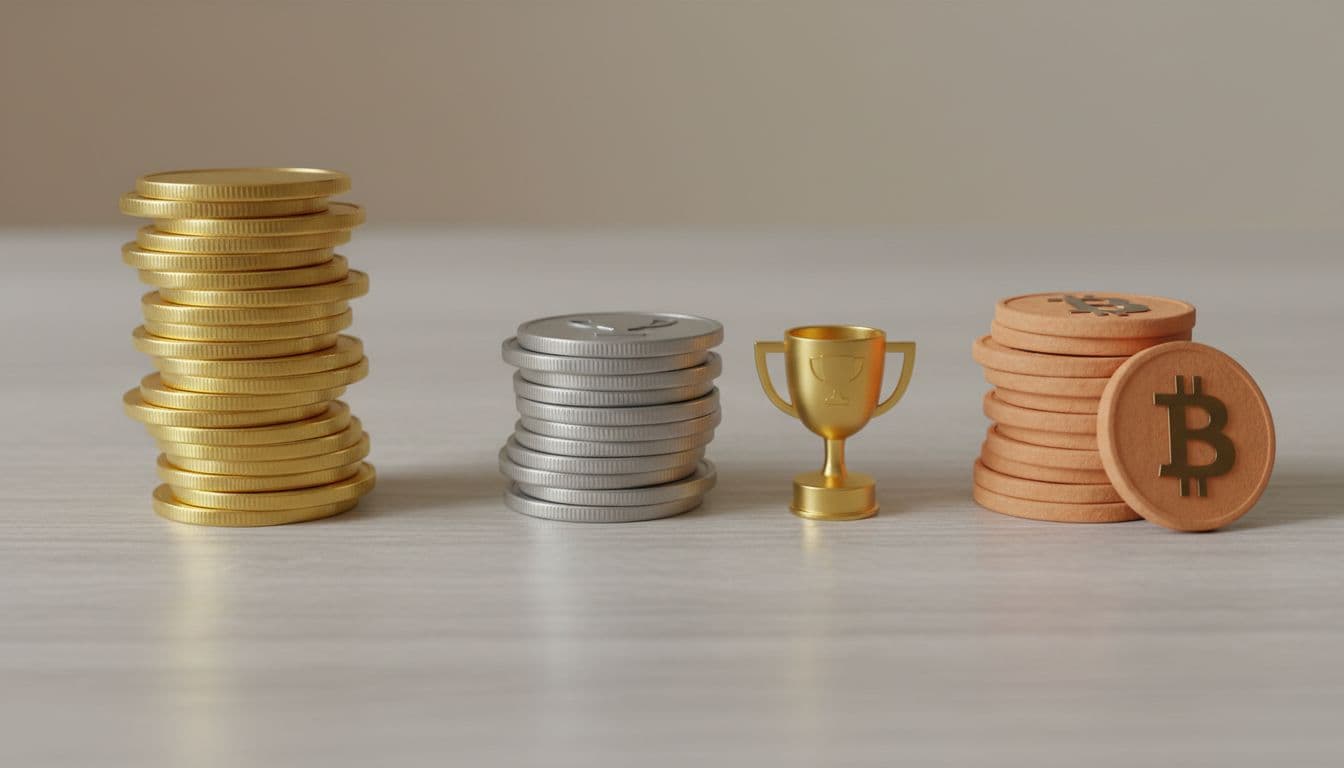Top-down table view of three piles: gold coins left, silver prize-marked sweeps coins with trophy center, orange bitcoin right.