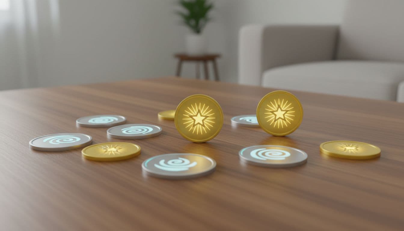 Scattered gold and sweeps coins on a wooden table in a bright room, top-down view with subtle glow.