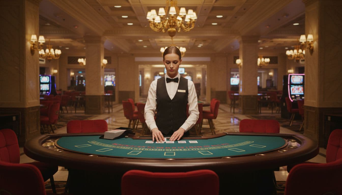 Live dealer stands at blackjack table dealing cards with relaxed hands, empty seats, elegant casino background under warm spotlights.