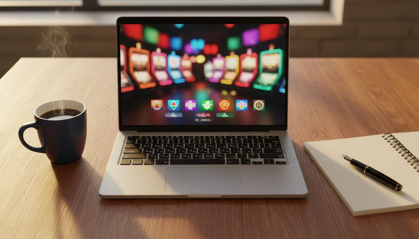 Overhead view of a laptop on a wooden desk displaying a blurred casino lobby with colorful slot thumbnails and table game icons, coffee mug and notebook beside it in a home office setting with warm evening light, photorealistic.