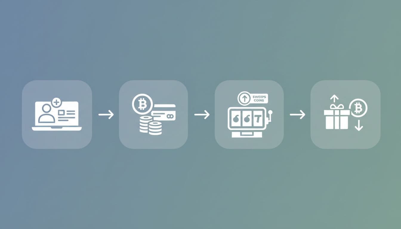 Horizontal sequence of icons for sign-up, Bitcoin coin purchase, slot gameplay, and prize redemption, connected by arrows with one laptop.