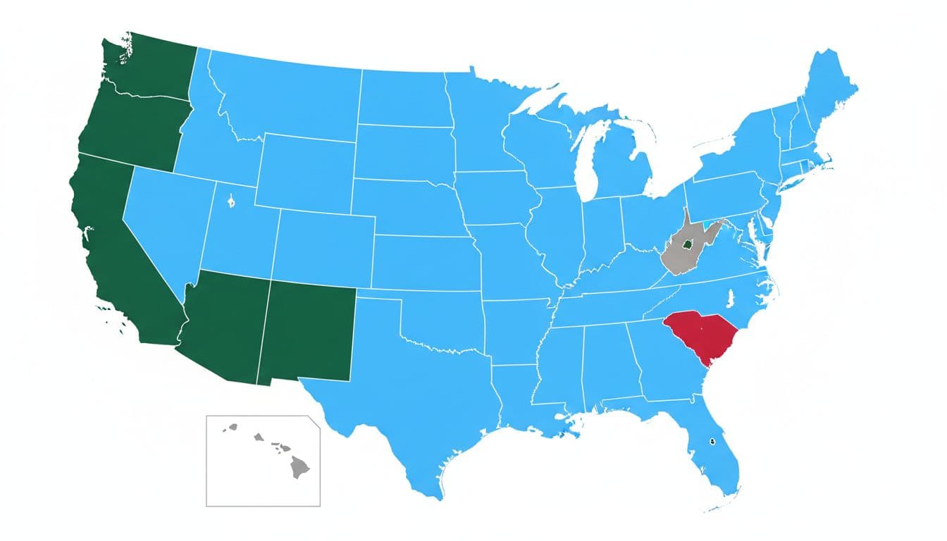 Simple vector map of the continental United States with states shaded to illustrate casino legality variations: 8 states in dark green, most in light blue, few in gray or red. Clean flat design, subtle borders, white background, no labels, text, or legend.