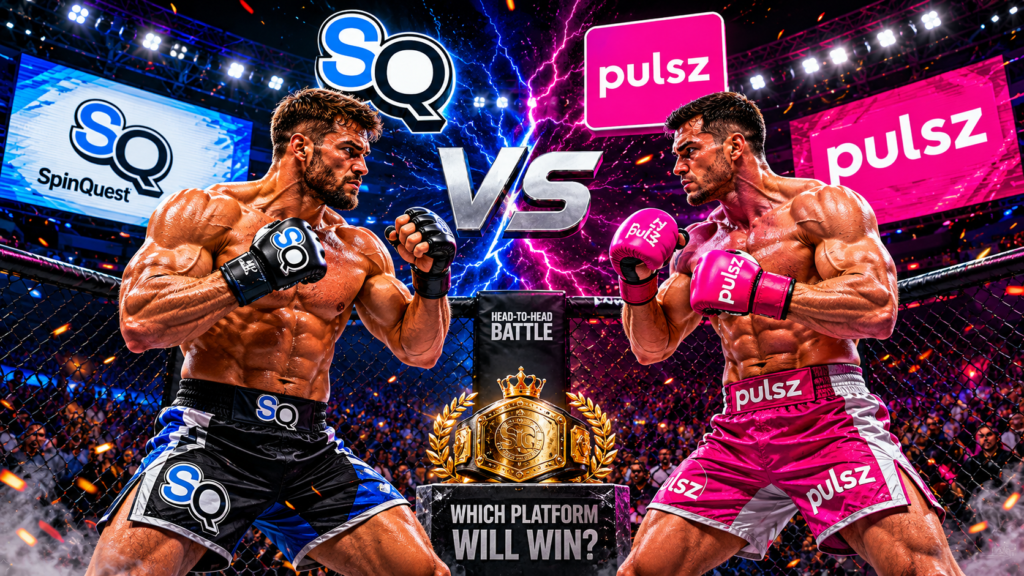 SpinQuest vs Pulsz comparison illustrated as a professional cage match between two competitors inside an arena, representing a head-to-head social casino platform review.
