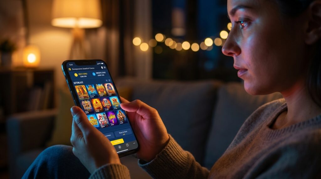 Playing SpinQuest on mobile device with slot games active