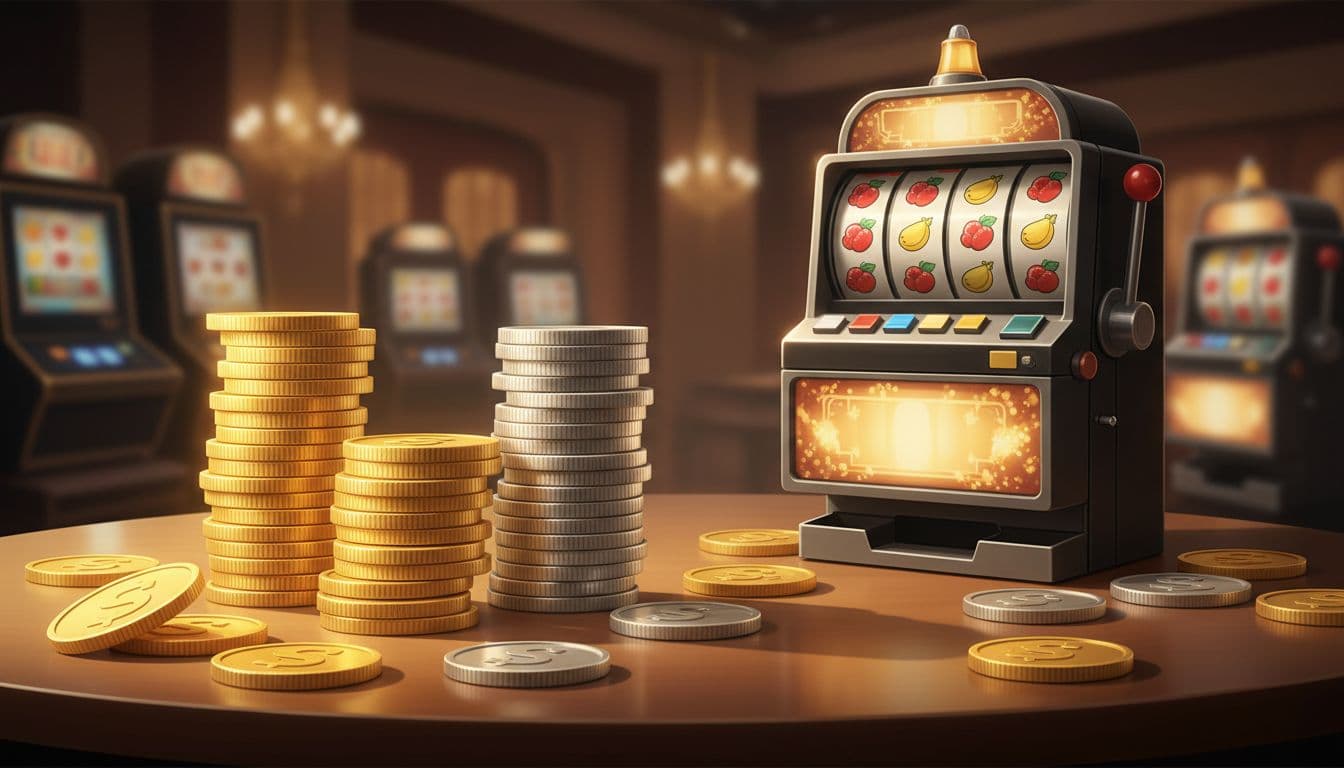 Stacks of gold coins and sweeps coins scattered on wooden table next to slot machine.
