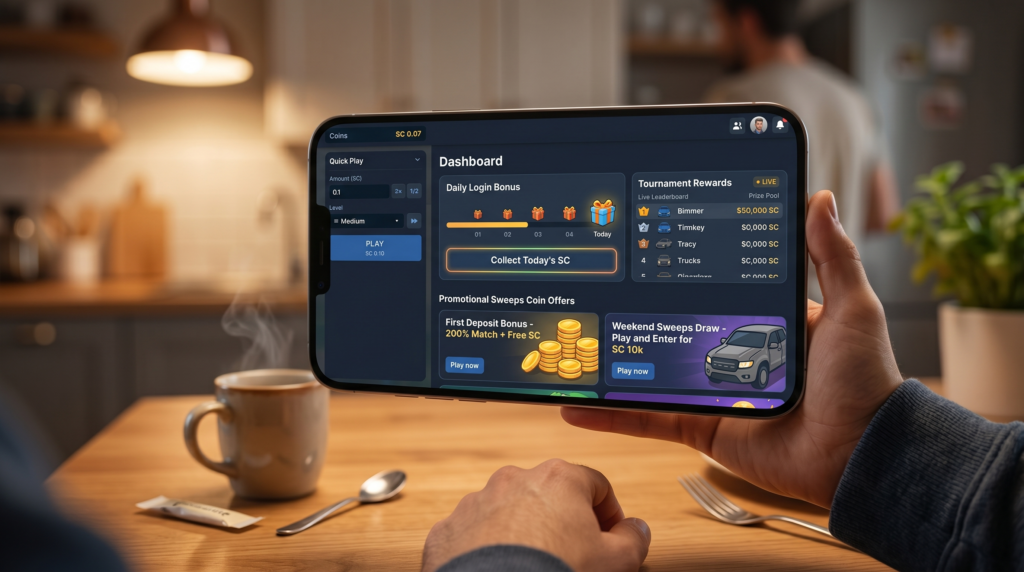 Daily sweeps coin bonuses and social casino promotions on a mobile device.