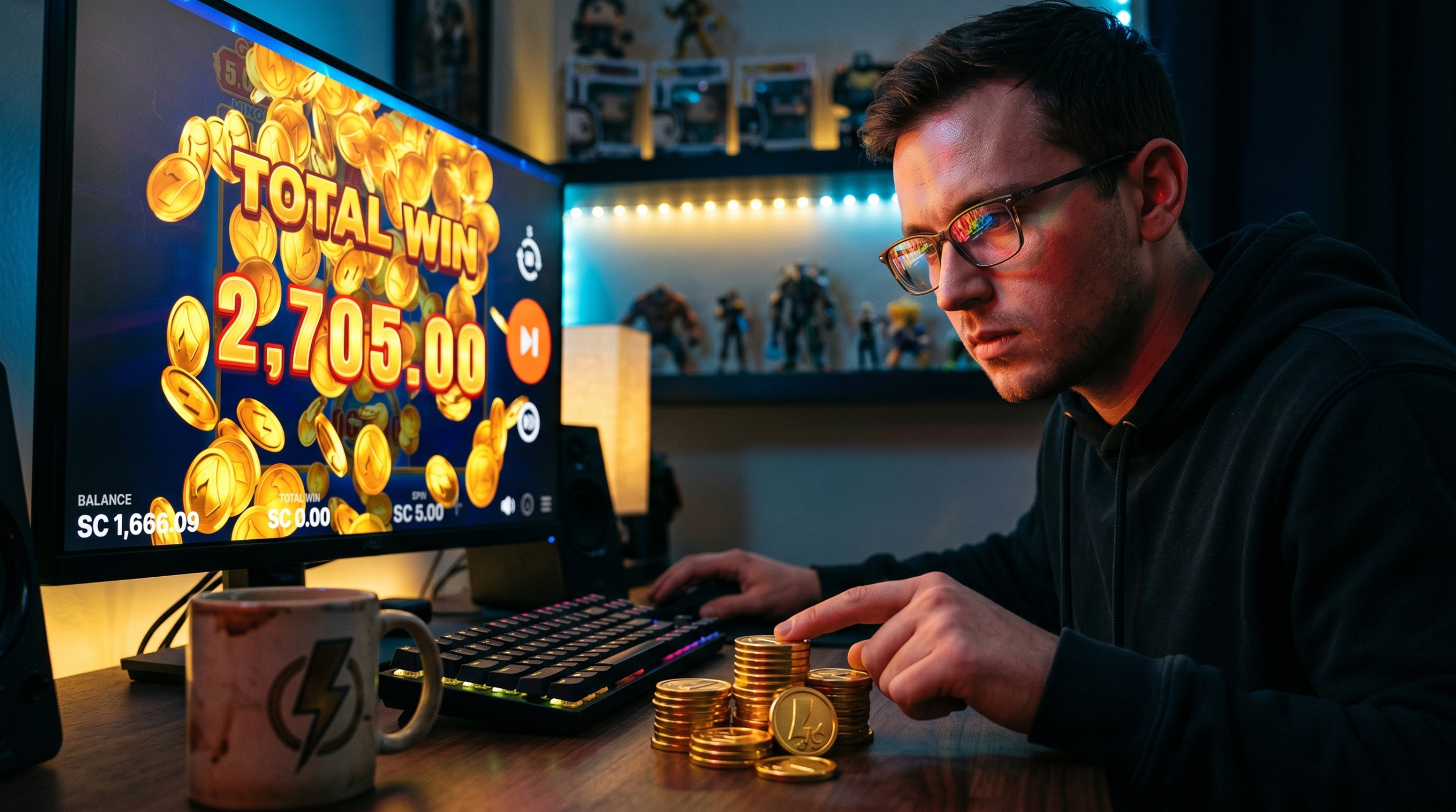 Player managing sweeps coins carefully during a social casino session.