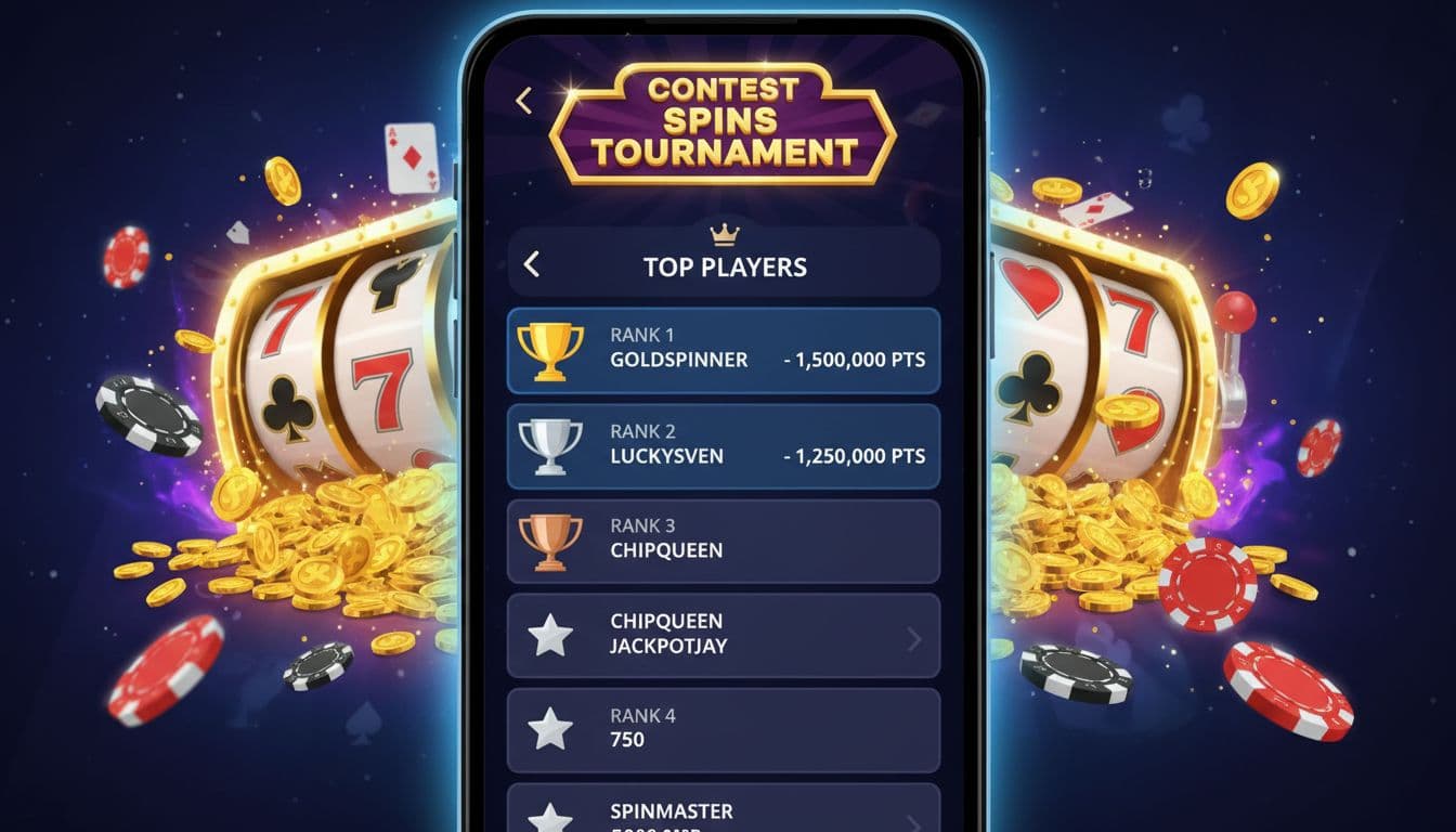 Mobile app screen shows vertical leaderboard with top players' ranks, usernames, and points on casino-themed background.
