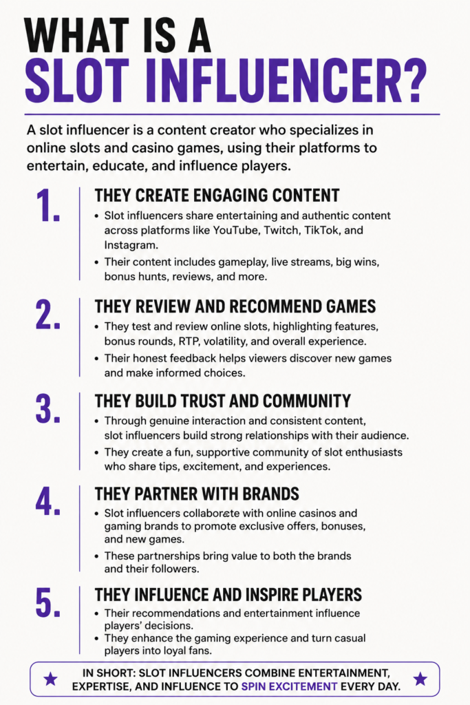 What Is a Slot Influencer?
A slot influencer is a content creator who focuses on slot machines and online casino games, sharing gameplay, reviews, strategies, and entertainment with an audience through platforms like YouTube, Twitch, Kick, TikTok, Instagram, and Facebook.