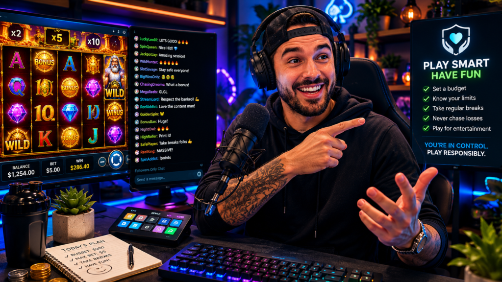 Slot influencer discussing responsible gaming with viewers.
